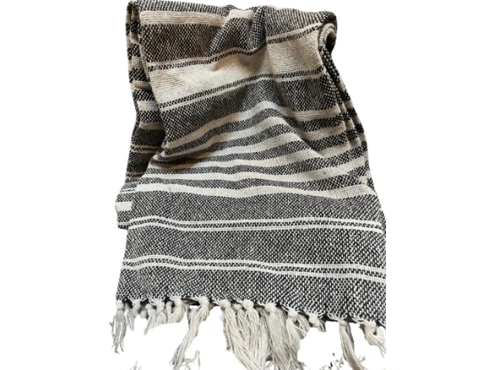 Et sort og hvidt vævet tæppe med vandrette striber og frynsede kanter, der ligger lidt krøllet på en hvid baggrund.