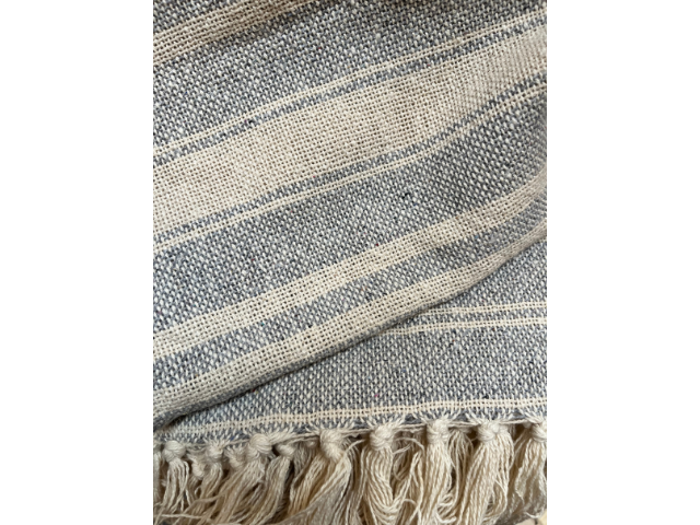 Nærbillede af et vævet tekstil med beige og grå striber, der viser frynsede kvaster langs den ene kant. Teksturen og vævemønsteret er tydeligt.