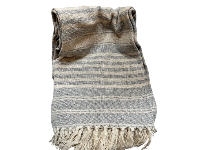 Et foldet vævet tæppe med grå og hvide vandrette striber og frynsede kvaster i den ene ende, vist på en hvid baggrund.