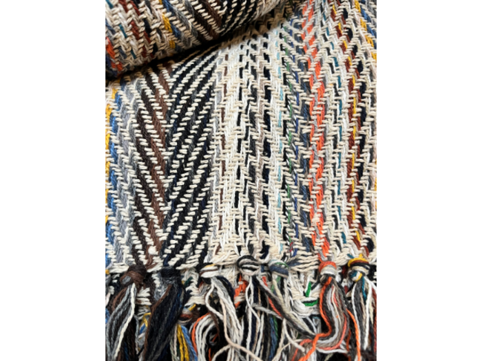 Et nærbillede af et vævet tekstil med flerfarvede tråde i zigzag- og lodrette mønstre, der afsluttes med frynser i kanten.