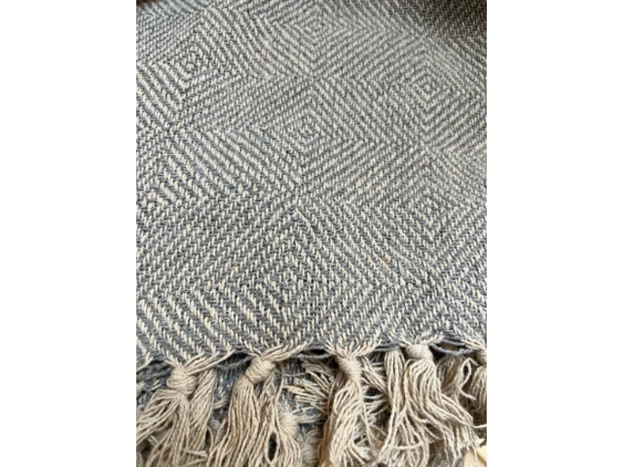 Et nærbillede af et vævet stof med chevronmønster i lysegrå og blå toner, med frynsede kvaster langs den nederste kant.