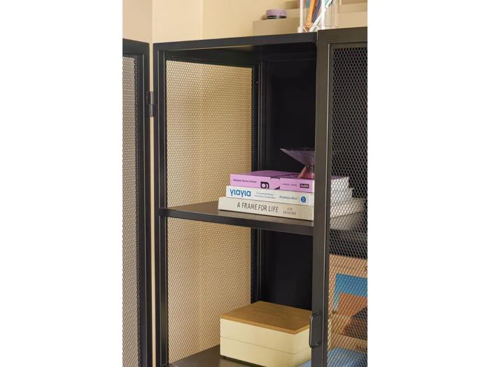 Et metalnetskab med en åben dør, der viser hylder med bøger, en stak lyserøde og hvide kasser og en beige rektangulær kasse på den nederste hylde.