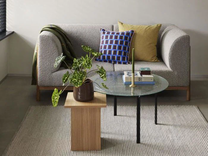 En moderne stue med en grå sofa, to farverige puder, en grøn plaid, et sofabord i glas med bøger og en potteplante på et lille sidebord i træ, alt sammen på et lyst tæppe.