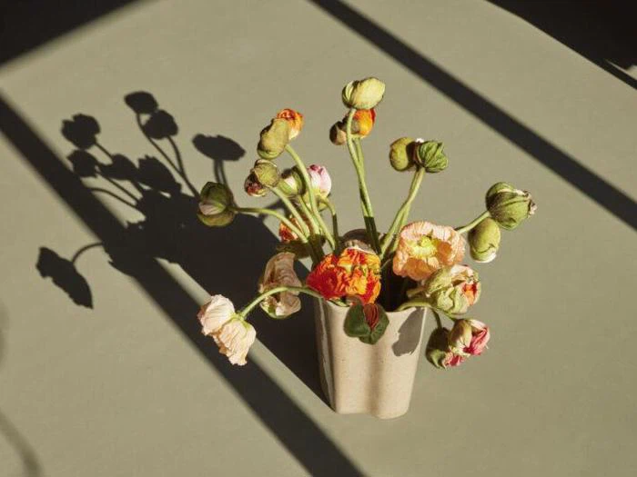 En keramikvase med farverige valmueblomster kaster en tydelig skygge på en solbeskinnet, olivengrøn overflade.