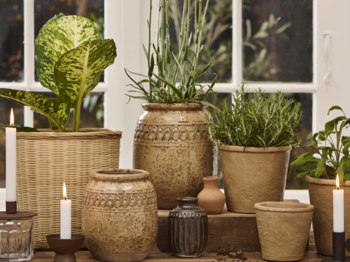 En gruppe potteplanter og krydderurter i beige og brune potter, placeret på en træplade i nærheden af tændte stearinlys og et vindue.