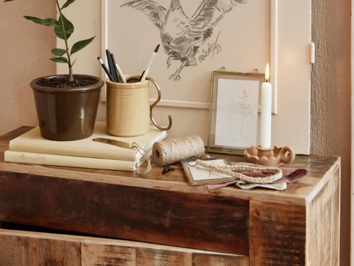 På et rustikt træbord står bøger, en potteplante, kunstartikler i et krus, sejlgarn, et stearinlys og indrammede skitser, og på væggen bagved hænger en fugletegning.