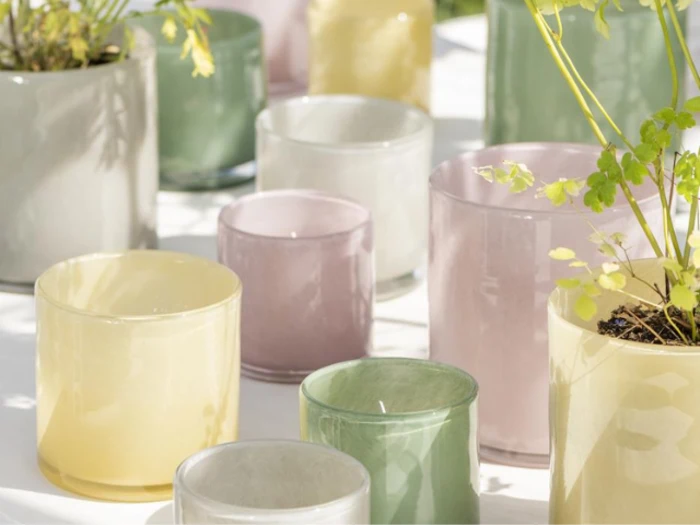Forskellige pastelfarvede glaspotter, nogle med grønne planter, arrangeret på en hvid overflade i sollys.
