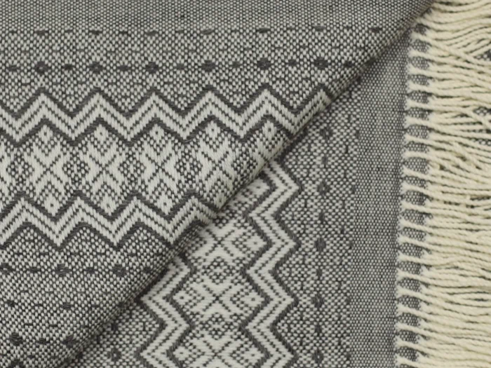 Et nærbillede af et gråt og hvidt vævet tekstil med geometriske mønstre og zigzag, delvist foldet for at vise frynserne på den ene kant.