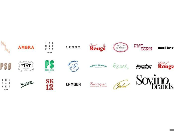 En samling af 24 forskellige restaurant- og brandlogoer arrangeret i tre rækker på en hvid baggrund.