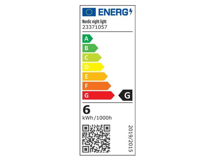 Europæisk energieffektivitetsmærke for et nordisk natlys med energiklasse G og et energiforbrug på 6 kWh/1000 h.