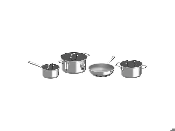 Et køkkengrejssæt i rustfrit stål bestående af fire dele, herunder en gryde, en stor gryde, en stegepande og en gryde med låg, alle med matchende låg.