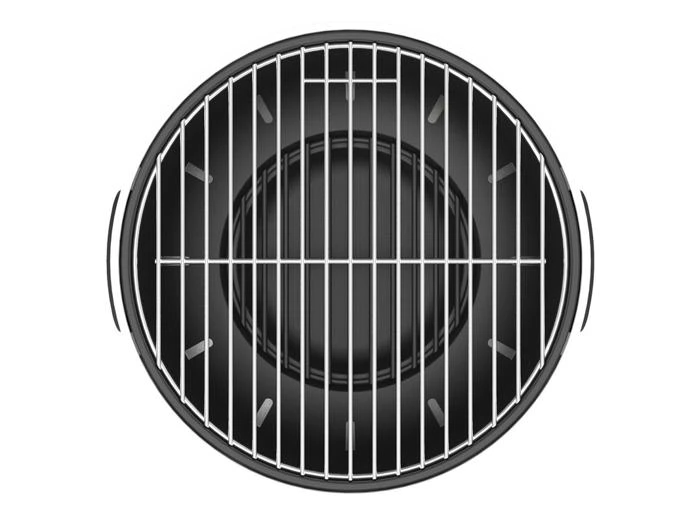 Ovenfra-billede af en cirkulær kulgrill med en metalrist.