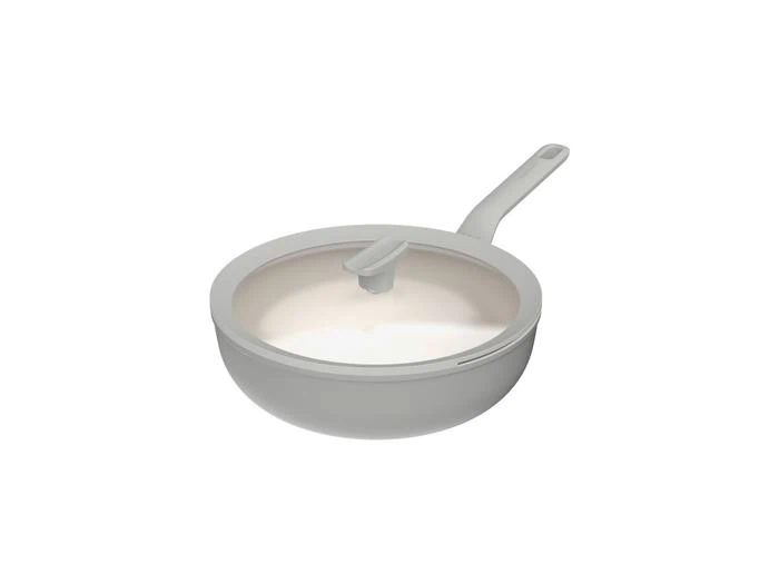 Lysegrå non-stick-stegepande med matchende låg og håndtag.