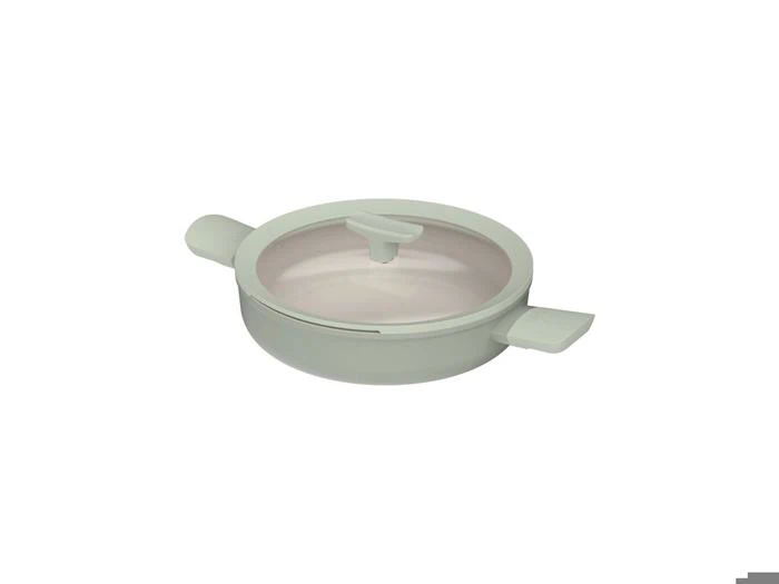 En lav pande i salviegrøn med glaslåg og to håndtag på siderne.