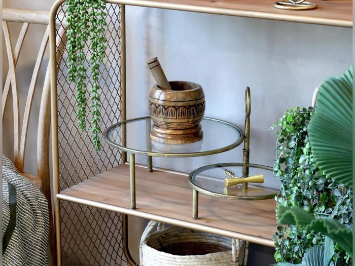 Chic Antique, Etagere m. 2 fade, Etagere, messing, Glas, jern, H:27,5 x Ø:35 cm