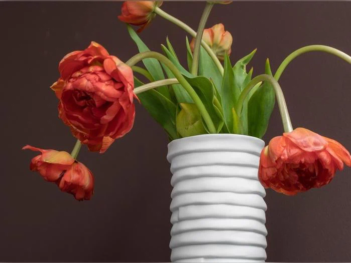En hvid, struktureret vase rummer flere hængende orange-røde blomster med grønne blade, der står på en ensfarvet brun baggrund.