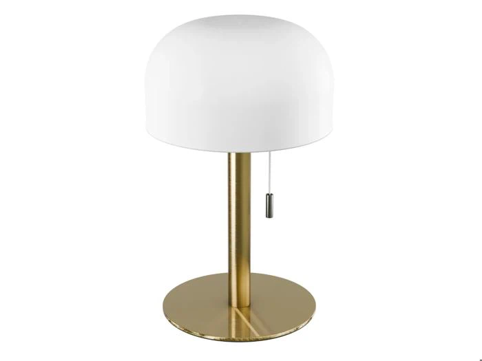 Moderne bordlampe med en rund, hvid kuppelformet lampeskærm, en fod i guldmetal og en trækæde på siden.