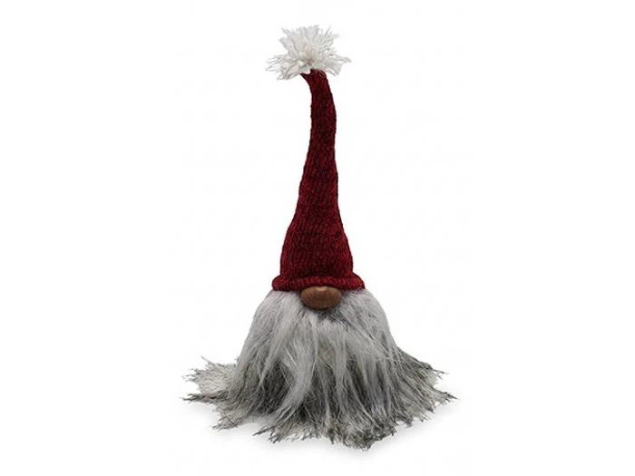 En jule-nissefigur med en lang, mørkerød spids hat, en hvid pompon på toppen og et langt gråt skæg.