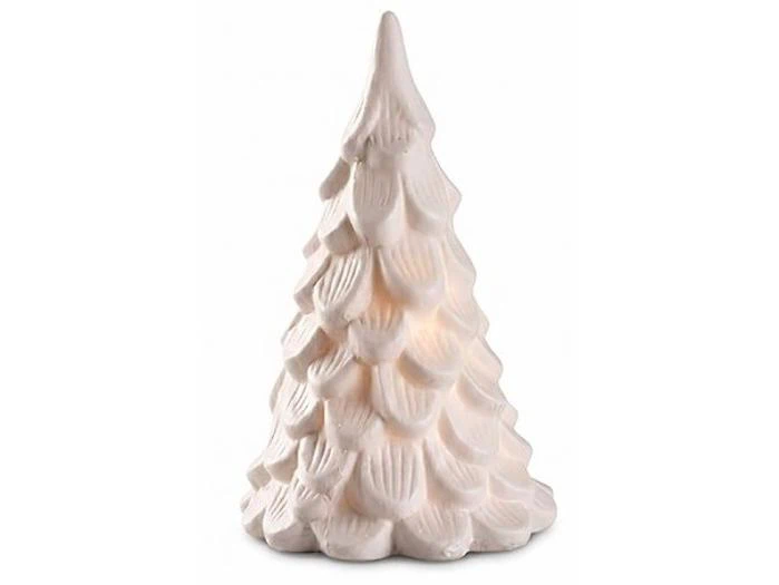 Belyst keramisk juletræsfigur med et struktureret, kronbladlignende design.