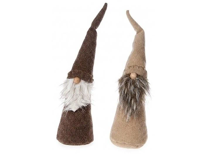 To nissefigurer med høje, spidse hatte og lange skæg, den ene i mørkebrun og den anden i lysebrun.