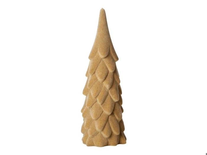 Et beige, kegleformet dekorativt juletræ med en struktureret, skællignende overflade.