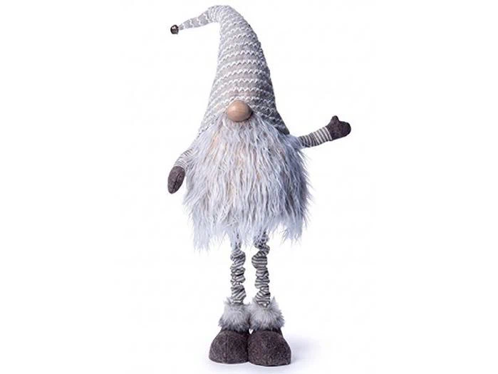 Stående dekorativ nisse med en lang, mønstret spids hat, et busket skæg og lange, hængende ben.