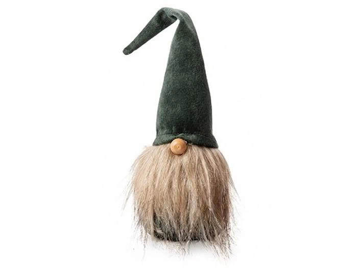 En dekorativ nisse med en høj, mørkegrøn spids hat og et langt, lysebrunt skæg.