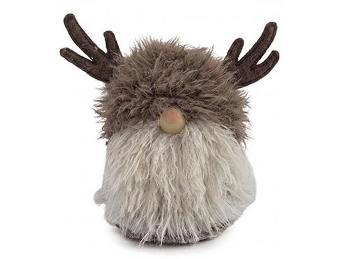 Plys-julepynt i form af en rensdyr-nisse med en blød, brun krop, et langt hvidt skæg og gevir af filt.