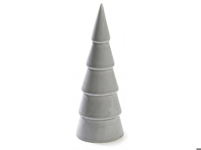 Et minimalistisk, kegleformet keramisk juletræ i ensfarvet gråt.
