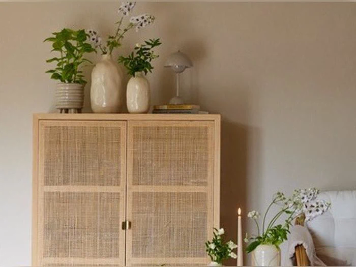 Et skab af lyst træ med døre af rattan, hvorpå der står potteplanter, blomstervaser og en lille lampe.