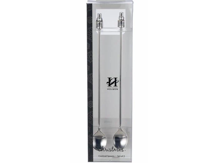 Et sæt bestående af to sølvcocktailskeer med lange skafter i gennemsigtig emballage med påskriften Christmas Cocktail Spoons Set of 2 og HOLMEN.