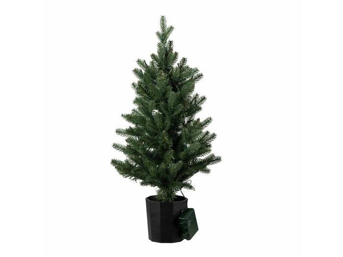 Et lille kunstigt juletræ i en sort krukke med et fastmonteret batteri.