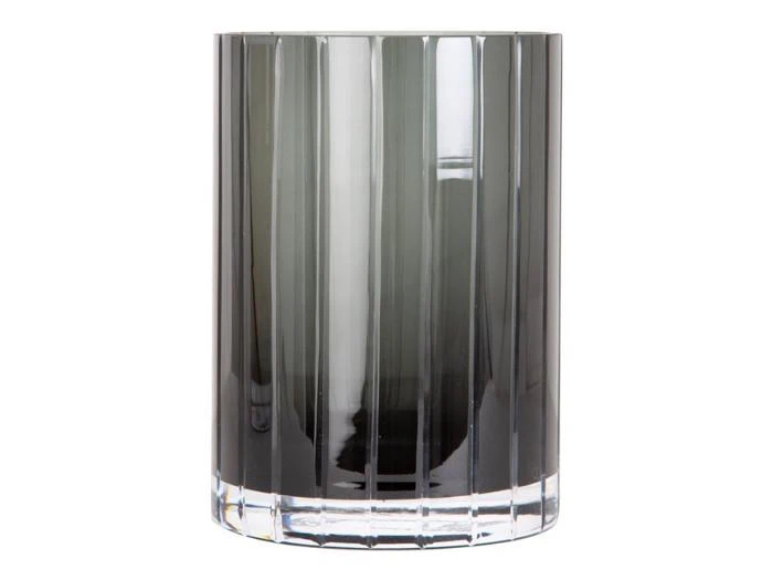 Cylindrisk vase af gråt glas med lodrette rillede detaljer.