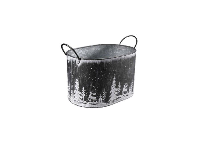Oval metalspand med trådhåndtag, dekoreret med et motiv af en hvid skov og hjorte.