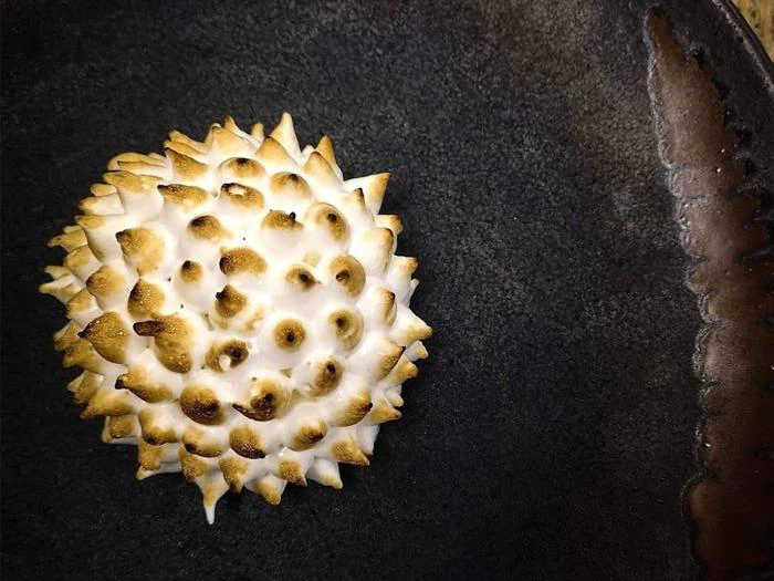 En spids, rund dessert med ristede marengstoppe ligger på en mørk, struktureret tallerken.