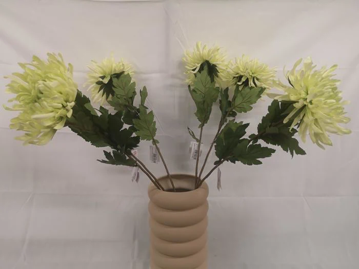 En beige, ribbet vase indeholder fem lysegule krysantemum med grønne blade på en almindelig hvid baggrund.