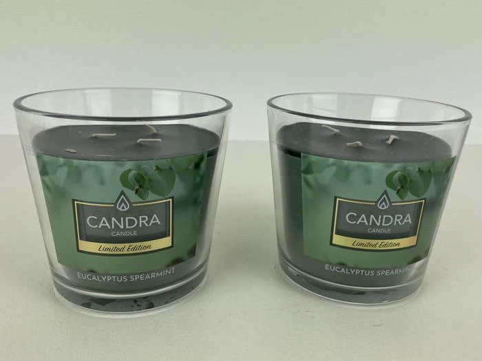 To glaskrukker med grønne Candra Candle Limited Edition-etiketter indeholder mørke stearinlys mærket Eucalyptus Spearmint, der er placeret side om side på en lys overflade.