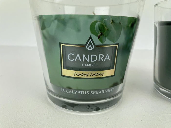 Et glaslys med mærket Candra Candle Limited Edition Eucalyptus Spearmint med en grøn baggrund og eukalyptusblade.