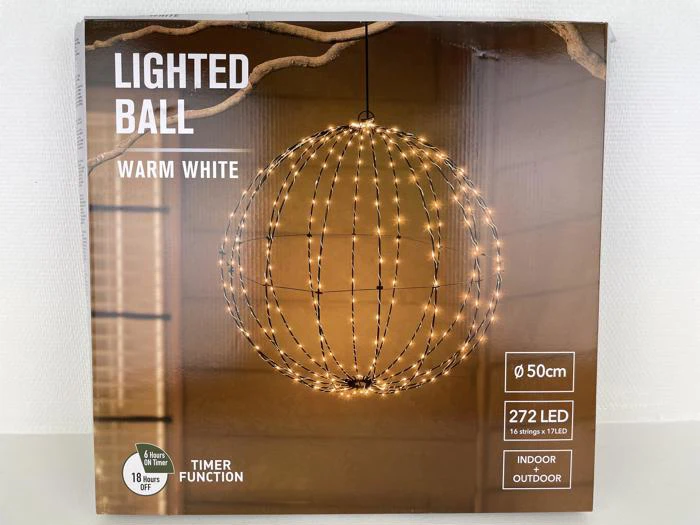 Æske til en 50 cm varm hvid LED-belyst kugledekoration med timerfunktion, 272 LED'er og egnet til indendørs og udendørs brug.