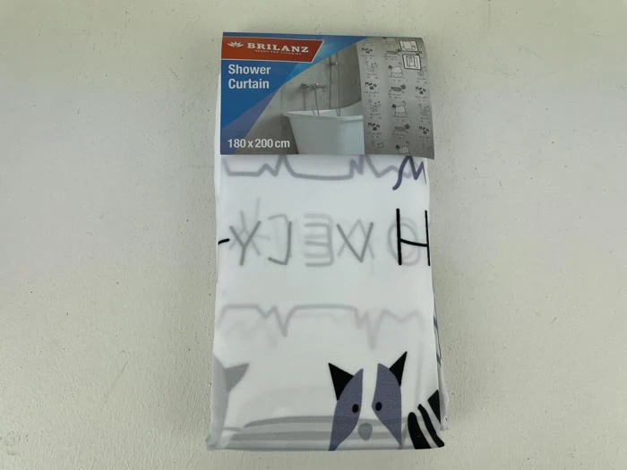 Et pakket Brilanz-bruseforhæng, 180x200 cm, med et sort-hvidt tegneserie-kattemotiv på en hvid baggrund.