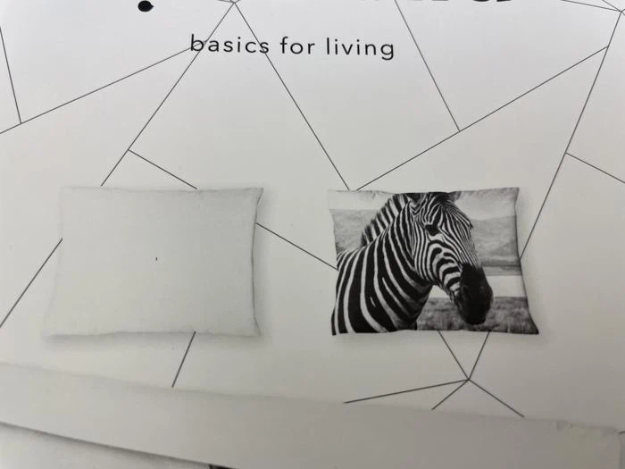To kvadratiske puder på en geometrisk baggrund; den ene er helt hvid, den anden har et sort og hvidt zebraprint. Ordene basics for living står over dem.