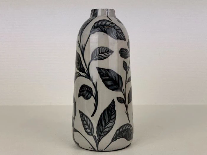 Vase m blad print, grå