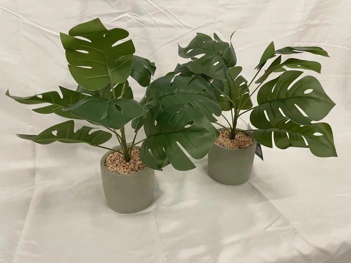 To kunstige monstera-planter med store grønne blade i grå potter fyldt med små sten, placeret på en lys, krøllet stofbaggrund.