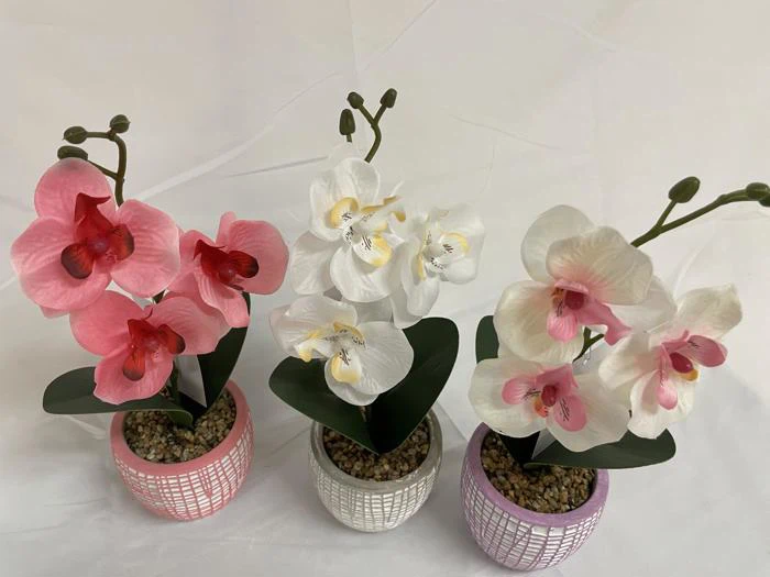 Tre kunstige orkidéer i potte med rosa, hvide og lyserøde blomster, placeret side om side på en hvid baggrund.