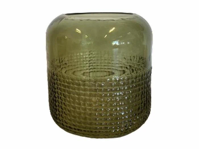 Gennemsigtig, rund olivengrøn glasvase med struktureret, fordybet underdel og glat overdel på hvid baggrund.