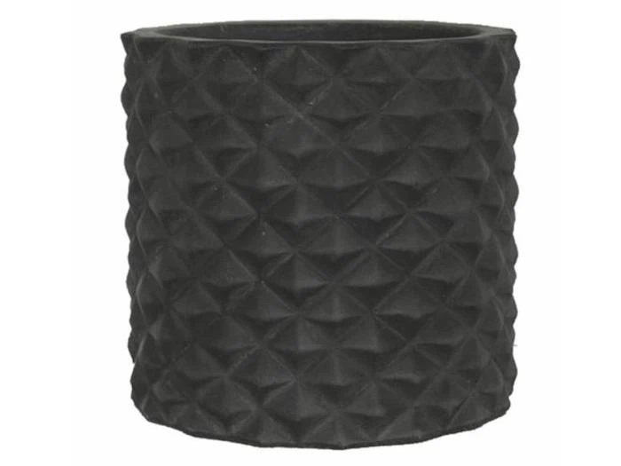En sort, cylindrisk krukke med et struktureret, geometrisk diamantmønster på overfladen.