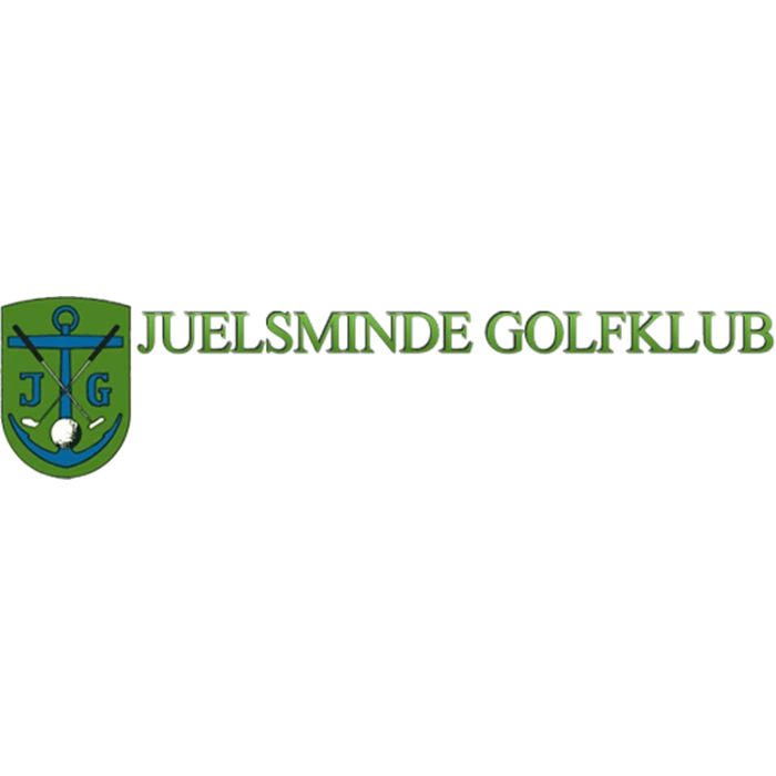 Logo med et grønt skjold, der viser et anker, en golf tee og bogstaverne J, G; ved siden af grøn tekst med teksten JUELSMINDE GOLFKLUB på sort baggrund.