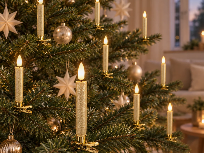 Et juletræ pyntet med lysende LED-taperlys og stjerneformede julekugler.