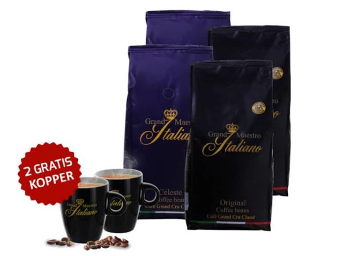 Grand Maestro Italiano smagspakke 4kg kaffebønner + 2 gratis kopper fra kaffetilbud.dk