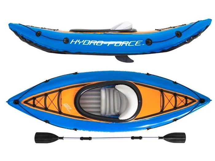 To billeder af en blå og orange oppustelig kajak med mærket Hydro-Force, vist fra siden og ovenfra, sammen med en sort dobbeltsidet pagaj.
